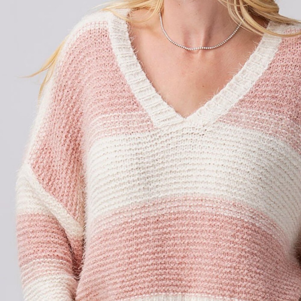 NEW Soft Fuzzy Eyelash Knit V Neck Stripe Cropped Knit Sweater - Picture 7 of 11